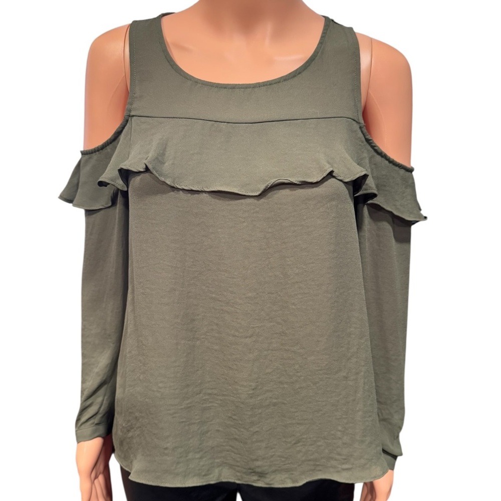 NWOT ANA Ruffle Front Cold Shoulder Long Sleeve Forest Green Blouse PS